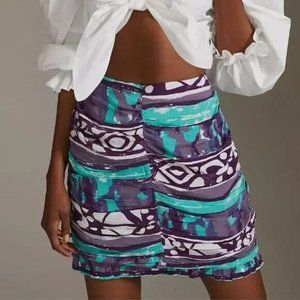 Anthropologie Porridge Womens Elesa Ruched Mini Skirt M Teal Blue Stripe Ruched